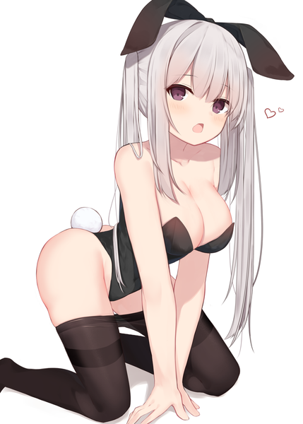 Anime picture 1295x1812 with original mm2k single long hair tall image looking at viewer blush fringe breasts open mouth light erotic simple background large breasts white background twintails brown eyes animal ears payot cleavage bent knee (knees)