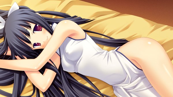 Anime picture 1600x900 with volume7 rococoworks kikushita kotora fue (tsuzuku) single long hair blush light erotic black hair smile red eyes wide image covered nipples chinese clothes side slit girl chinese dress