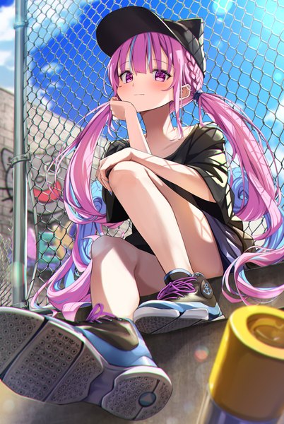 Anime picture 1160x1730 with virtual youtuber hololive minato aqua neko (minato aqua) summer tail720 single long hair tall image looking at viewer fringe twintails payot pink hair full body bent knee (knees) outdoors blunt bangs multicolored hair sunlight two-tone hair