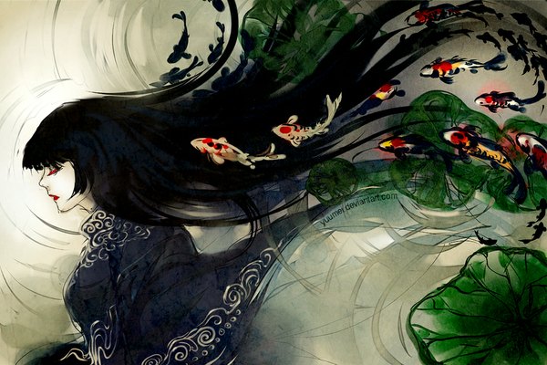 Anime picture 1000x667 with original yuumei long hair black hair signed eyes closed profile lipstick pale skin eyeshadow girl water leaf (leaves) fish (fishes)