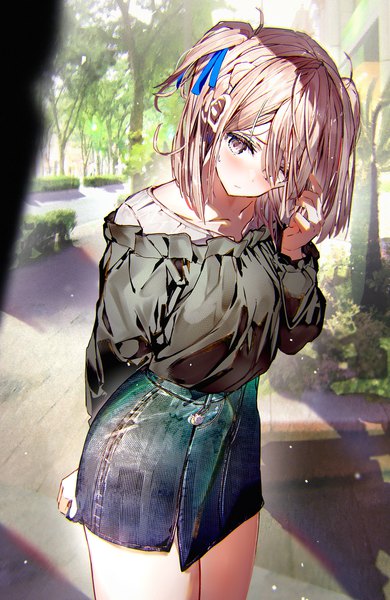Anime picture 1960x3013 with original enj! single tall image looking at viewer blush fringe highres short hair breasts blonde hair purple eyes outdoors long sleeves head tilt blurry hair over one eye two side up embarrassed arm behind back