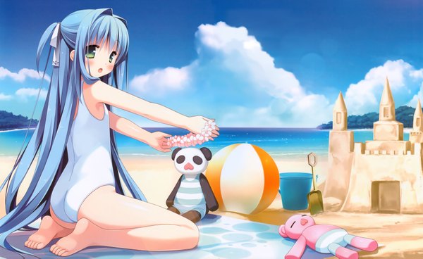 Anime-Bild 3500x2149 mit kurano kun chi no futago jijou kurano ema kanekiyo miwa single long hair blush highres open mouth wide image green eyes blue hair absurdres sky cloud (clouds) scan loli beach half updo girl swimsuit