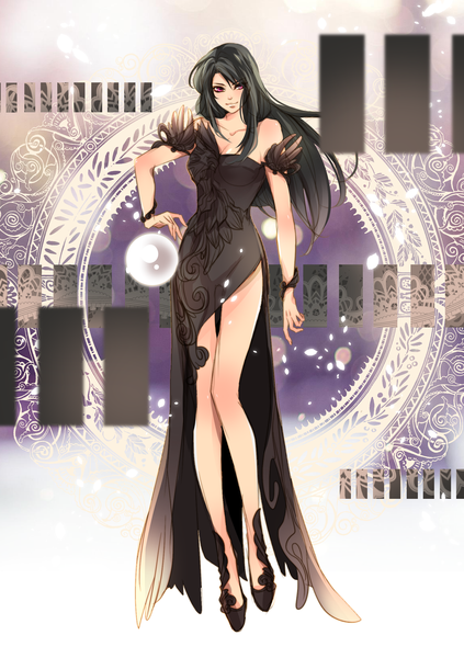 Anime picture 1748x2480 with original zefiar single long hair tall image looking at viewer fringe highres breasts black hair smile standing bare shoulders cleavage full body pink eyes bare legs hand on hip asymmetrical clothes girl