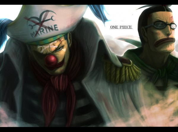 Anime picture 2000x1484 with one piece toei animation buggy the clown galdino meta gun (artist) highres lips striped face paint nosebleed clown hat choker glasses scarf