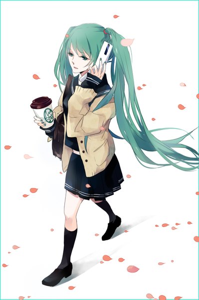 Anime picture 1000x1503 with vocaloid hatsune miku yu (kongxiang) single tall image simple background white background twintails full body very long hair aqua eyes from above aqua hair girl uniform school uniform petals socks black socks mobile phone