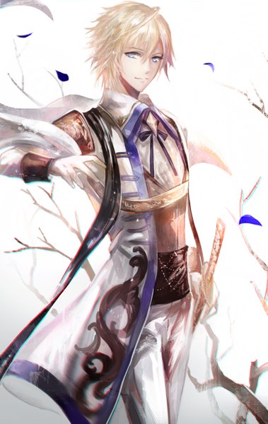 Anime picture 800x1265 with original juexing (moemoe3345) single tall image looking at viewer short hair blue eyes simple background blonde hair smile standing white background wind open clothes open jacket boy weapon petals sword jacket