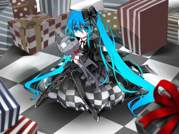 Anime picture 1400x1050 with vocaloid hatsune miku saru (longbb) single looking at viewer fringe hair between eyes sitting twintails holding very long hair aqua eyes from above aqua hair striped checkered floor checkered goth-loli :t girl