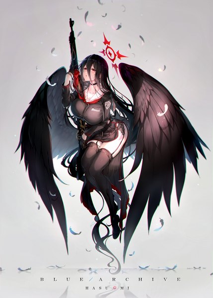 Anime-Bild 3000x4200 mit blue archive hasumi (blue archive) tel-o single long hair tall image looking at viewer fringe highres breasts open mouth light erotic black hair simple background hair between eyes red eyes large breasts signed full body grey background