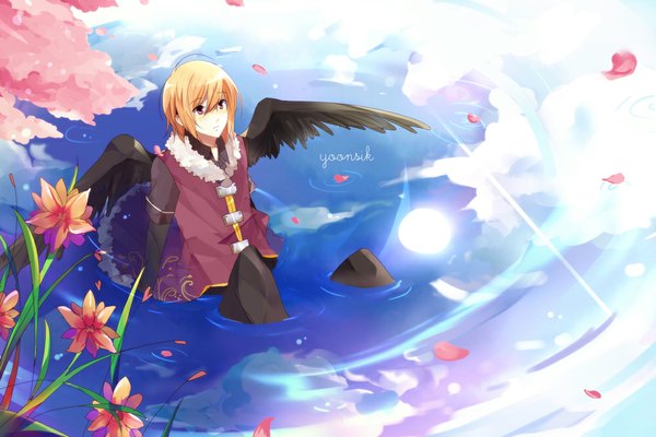 Anime picture 1000x667 with original yoonsik single short hair blonde hair sitting purple eyes brown eyes signed sky pink eyes cherry blossoms reflection black wings boy flower (flowers) petals wings water sun