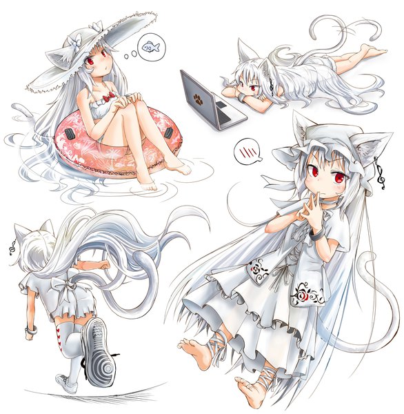 Anime picture 4002x4096 with original amane (good sun) doitsuken tall image looking at viewer highres simple background red eyes white background animal ears looking away absurdres white hair tail lying very long hair animal tail barefoot cat ears cat girl