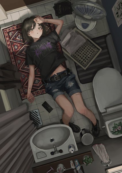 Anime picture 2808x3976 with original nadegata single tall image looking at viewer fringe highres short hair open mouth black hair hair between eyes yellow eyes lying arm up from above short sleeves on back tattoo hand on head clothes writing