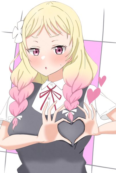 Anime picture 2614x3878 with hello!!! love live! sunrise (studio) love live! onitsuka natsumi matcha moti375 single long hair tall image looking at viewer blush highres breasts open mouth light erotic blonde hair white background upper body braid (braids) pink eyes hair flower