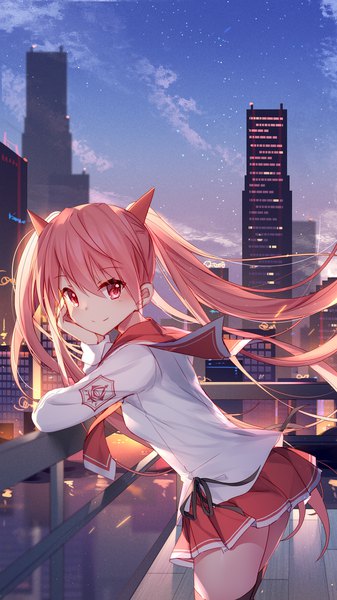 Anime picture 1080x1920 with hidan no aria kanzaki h aria bison cangshu single long hair tall image looking at viewer blush fringe smile hair between eyes red eyes standing twintails pink hair cloud (clouds) outdoors long sleeves pleated skirt wind