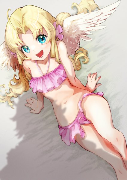 Anime-Bild 868x1228 mit tate no yuusha no nariagari kinema citrus firo (tate no yuusha no nariagari) arakan single long hair tall image looking at viewer open mouth blonde hair sitting ahoge :d aqua eyes from above arm support shadow white wings girl swimsuit