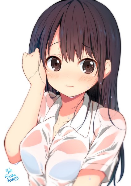Anime picture 724x1024 with chikanoko original chijou noko ragho no erika single long hair tall image looking at viewer blush fringe breasts light erotic simple background brown hair brown eyes signed cleavage upper body arm up short sleeves