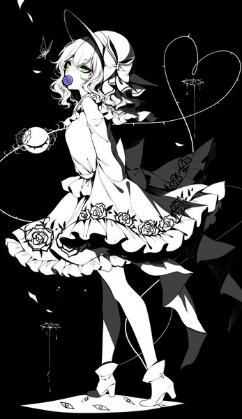 Anime-Bild 2200x3800 mit touhou komeiji koishi sheya single tall image highres short hair simple background standing green eyes looking away full body long sleeves wide sleeves floral print black background sleeves past wrists monochrome wavy hair covered mouth