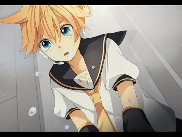 Anime picture 1000x750 with vocaloid kagamine len tama (songe) single short hair open mouth blue eyes blonde hair tears letterboxed crying boy detached sleeves headphones