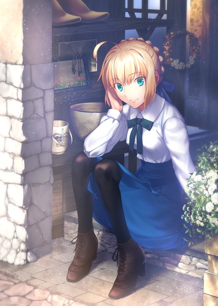 Anime picture 800x1122 with fate (series) fate/grand order fate/stay night artoria pendragon (all) saber nekotawa single tall image looking at viewer fringe short hair blonde hair smile sitting full body ahoge bent knee (knees) indoors braid (braids) long sleeves