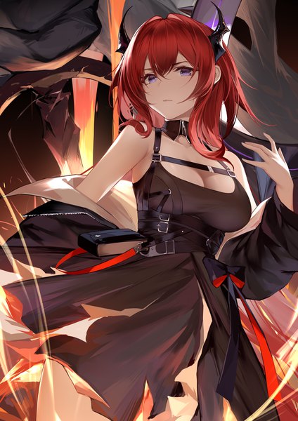 Anime picture 1000x1414 with arknights surtr (arknights) an yasuri single long hair tall image looking at viewer fringe breasts hair between eyes standing purple eyes bare shoulders cleavage red hair long sleeves horn (horns) off shoulder open jacket girl