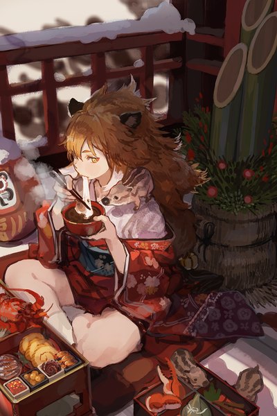 Anime picture 800x1200 with original burari single long hair tall image fringe hair between eyes sitting yellow eyes traditional clothes japanese clothes orange hair off shoulder eating new year indian style girl animal food sweets