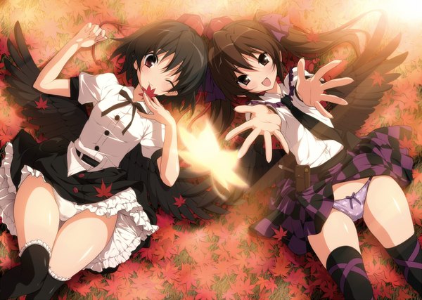 Anime picture 2087x1488 with touhou shameimaru aya himekaidou hatate mahan highres short hair open mouth light erotic black hair red eyes twintails multiple girls brown eyes lying pantyshot outstretched arm checkered skirt girl thighhighs skirt