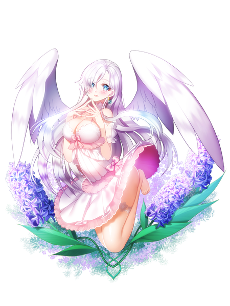 Anime picture 900x1200 with nanatsu no taizai a-1 pictures elizabeth liones aile (crossroads) single long hair tall image looking at viewer blush fringe breasts blue eyes light erotic large breasts cleavage barefoot hair over one eye transparent background angel wings jumping