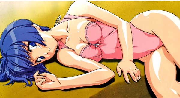 Anime picture 2400x1318 with ai yori aoshi j.c. staff sakuraba aoi single looking at viewer highres short hair blue eyes light erotic wide image blue hair lying on side girl leotard