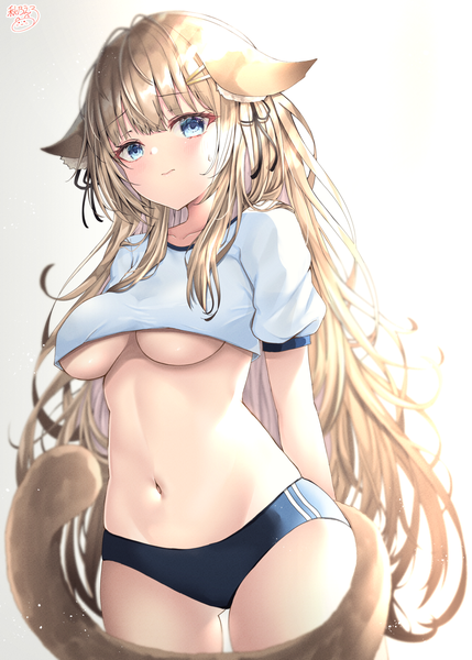 Anime picture 1200x1678 with original akino ell single long hair tall image looking at viewer blush fringe breasts blue eyes light erotic simple background blonde hair large breasts standing signed animal ears tail animal tail cat ears