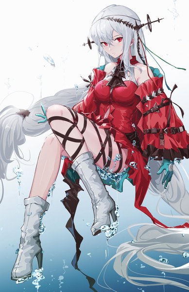 Anime picture 3925x6055 with arknights skadi (arknights) skadi the corrupting heart (arknights) piao miao single tall image looking at viewer fringe highres hair between eyes red eyes absurdres silver hair very long hair high heels official alternate costume underwater no hat bad anatomy girl