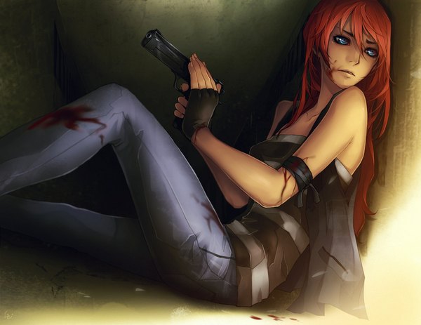 Anime picture 1920x1484 with original unodu single long hair highres open mouth blue eyes sitting bare shoulders red hair orange hair girl gloves weapon gun blood pistol wall jeans