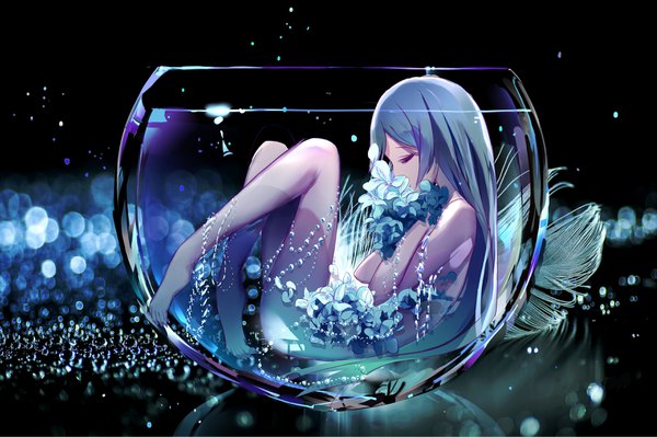 Anime picture 3506x2337 with original eien no juu nana-sa single long hair highres light erotic absurdres full body bent knee (knees) eyes closed barefoot nude blurry aqua hair bare legs partially submerged reflection minigirl embryo's pose in container
