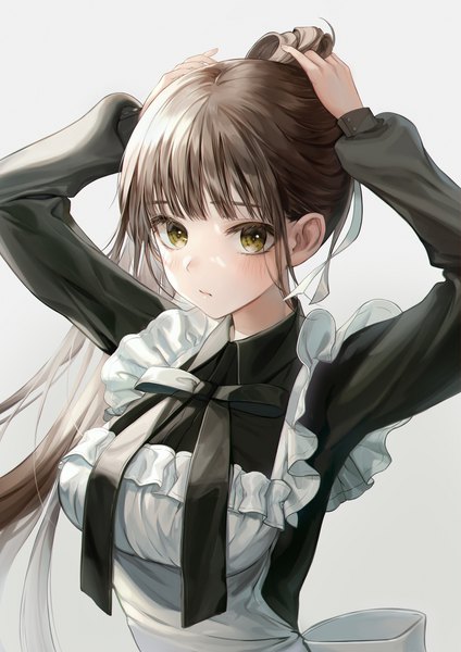 Anime picture 1500x2124 with original minncn single long hair tall image looking at viewer blush fringe breasts simple background brown hair standing green eyes upper body blunt bangs long sleeves grey background arms up maid adjusting hair