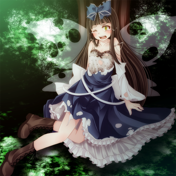 Anime picture 1000x1000 with touhou star sapphire s-syogo single long hair blush open mouth black hair yellow eyes one eye closed wink tears torn clothes girl bow plant (plants) hair bow wings tree (trees) boots
