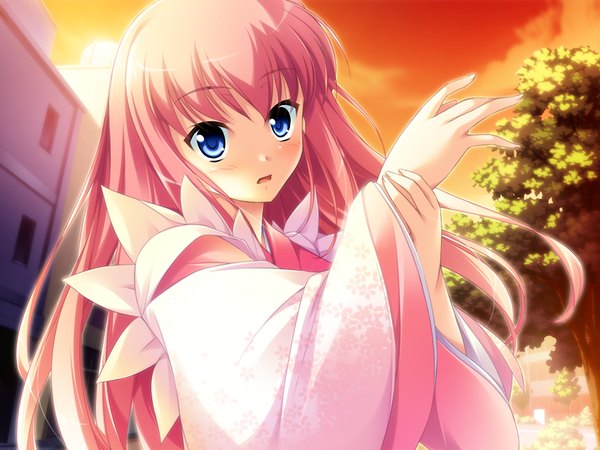 Anime picture 1200x900 with lovekami fujimiya sakuya yashima takahiro long hair blue eyes pink hair game cg evening sunset girl