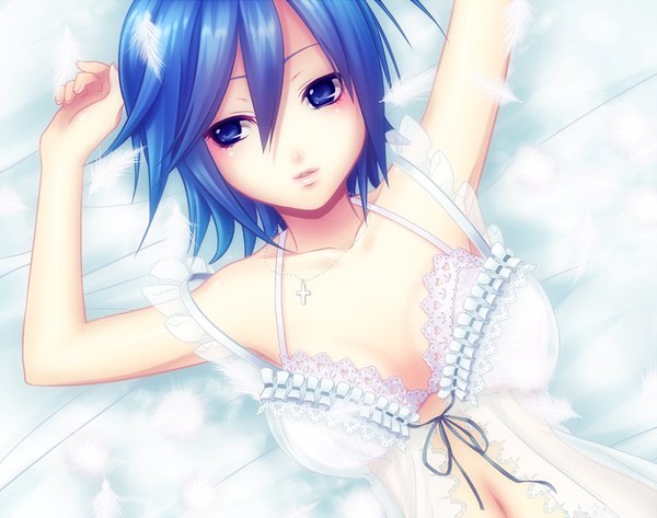 Anime picture 1024x808 with kingdom hearts square enix aqua (kingdom hearts) kyrie (artist) single short hair blue eyes light erotic blue hair cleavage girl cross