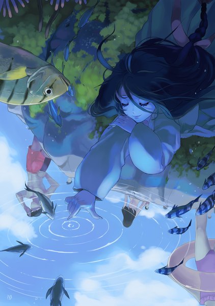 Anime picture 800x1137 with original 1000marie long hair tall image black hair multiple girls sky braid (braids) eyes closed long sleeves multiple boys single braid reflection ripples girl boy animal water drop fish (fishes)