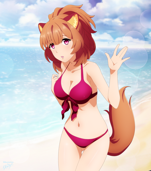 Anime picture 2400x2716 with tate no yuusha no nariagari kinema citrus raphtalia shugo19 single tall image looking at viewer blush fringe highres short hair breasts light erotic brown hair large breasts standing purple eyes animal ears sky cloud (clouds)
