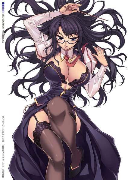 Anime picture 1218x1720 with unbalance unbalance hae-young na soo-hyon lee single long hair tall image blush breasts light erotic black hair simple background large breasts white background purple eyes pantyshot girl thighhighs black thighhighs glasses