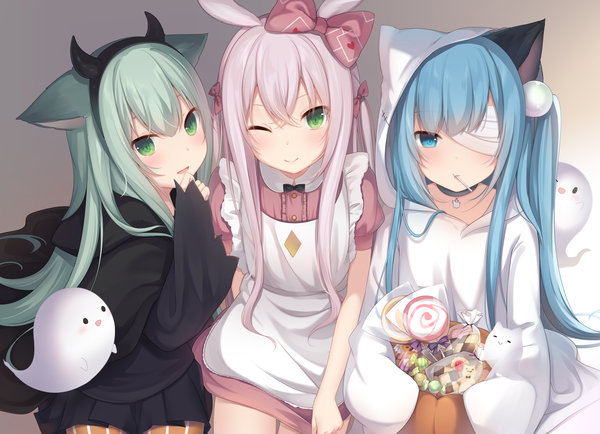 Anime picture 1600x1158 with original nekoha shizuku nachi long hair looking at viewer blush open mouth blue eyes smile sitting multiple girls green eyes animal ears payot blue hair silver hair pleated skirt one eye closed horn (horns) green hair