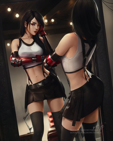 Anime picture 1638x2048 with final fantasy final fantasy vii square enix tifa lockhart blondynkitezgraja single long hair tall image looking at viewer light erotic black hair red eyes standing bare shoulders signed indoors parted lips lips realistic zettai ryouiki