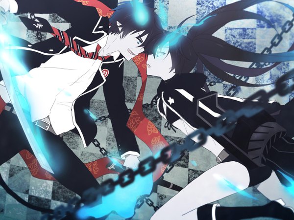 Anime picture 1280x960 with black rock shooter ao no exorcist a-1 pictures black rock shooter (character) okumura rin long hair short hair blue eyes black hair twintails pointy ears glowing glowing eye (eyes) face to face girl boy uniform weapon school uniform sword