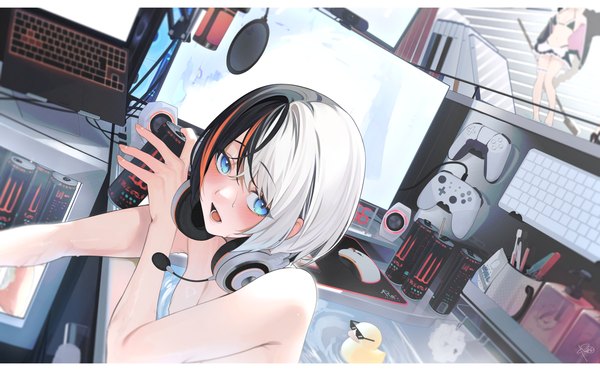 Anime picture 4685x2894 with original monster energy waterdog single looking at viewer blush fringe highres short hair breasts open mouth blue eyes light erotic hair between eyes wide image signed absurdres white hair indoors multicolored hair