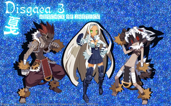 Anime picture 1920x1200 with disgaea sapphire rhodonite sorcerer havcom long hair highres red eyes wide image green eyes white hair red hair dark skin blue background group girl skull
