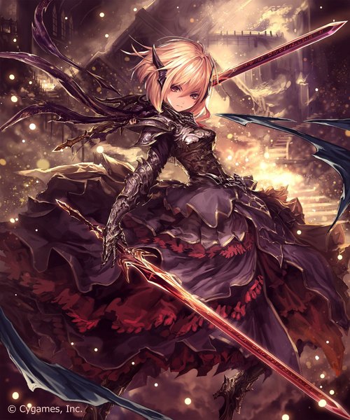 Anime picture 1706x2048 with shingeki no bahamut melissa (shingeki no bahamut) tachikawa mushimaro (bimo) single tall image looking at viewer highres short hair blonde hair red eyes holding jumping dual wielding ruins jpeg artifacts girl dress gloves weapon sword