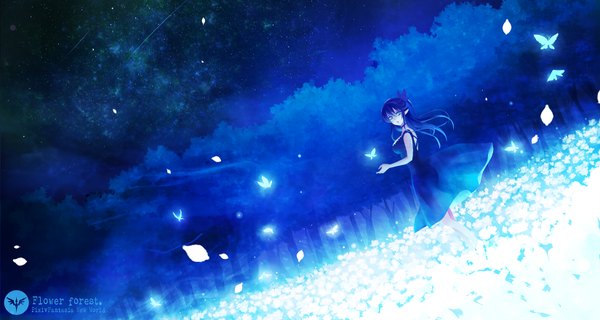 Anime picture 1650x880 with original pixiv fantasia pixiv pixiv fantasia new world hira taira looking at viewer blue eyes wide image sky pointy ears night dutch angle glowing flying shooting star dress flower (flowers) plant (plants) petals tree (trees)