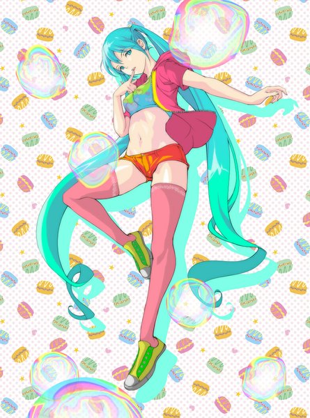 Anime picture 742x1000 with vocaloid hatsune miku suishougensou single tall image twintails very long hair aqua eyes aqua hair midriff finger to mouth girl thighhighs navel shoes shorts bubble (bubbles) cookie (cookies) macaron