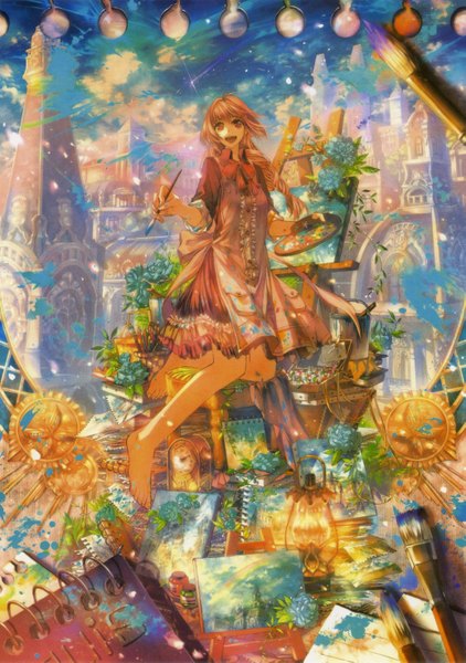Anime picture 2070x2945 with oekaki musume (qpixiv) pixiv girls collection 2010 aioka single long hair tall image highres brown hair barefoot orange hair orange eyes city light cityscape girl flower (flowers) rose (roses) book (books) insect butterfly