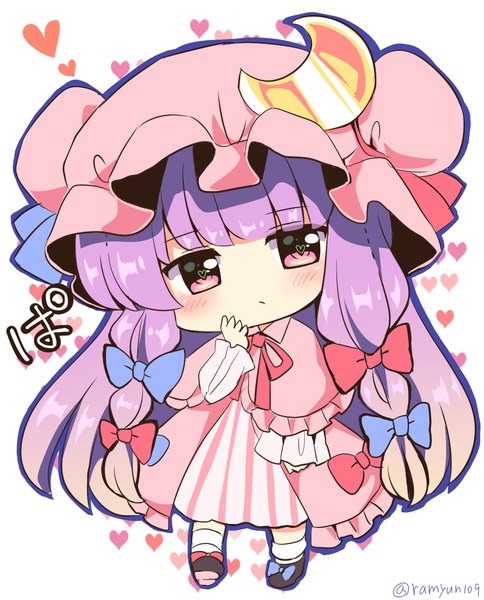 Anime picture 1111x1376 with touhou patchouli knowledge ramudia (lamyun) single long hair tall image looking at viewer blush fringe simple background standing white background signed purple hair full body blunt bangs long sleeves head tilt pink eyes arm up
