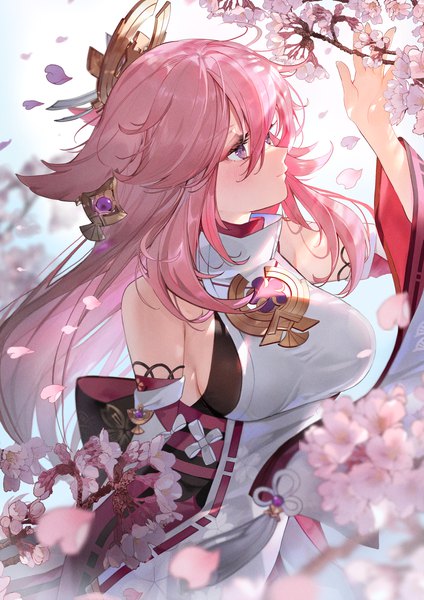 Anime picture 1500x2121 with genshin impact yae miko siohanabi single long hair tall image fringe hair between eyes purple eyes animal ears looking away pink hair upper body traditional clothes japanese clothes profile depth of field fox ears cherry blossoms nontraditional miko