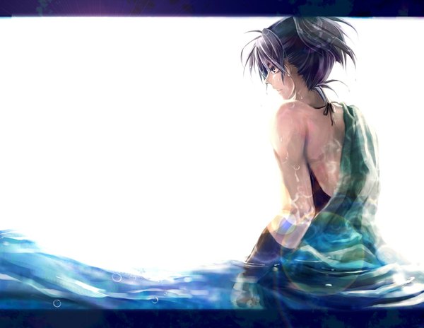 Anime picture 1100x851 with rakudai ninja rantarou shioe monjirou knxxzt single simple background white background purple hair profile wet back boy water